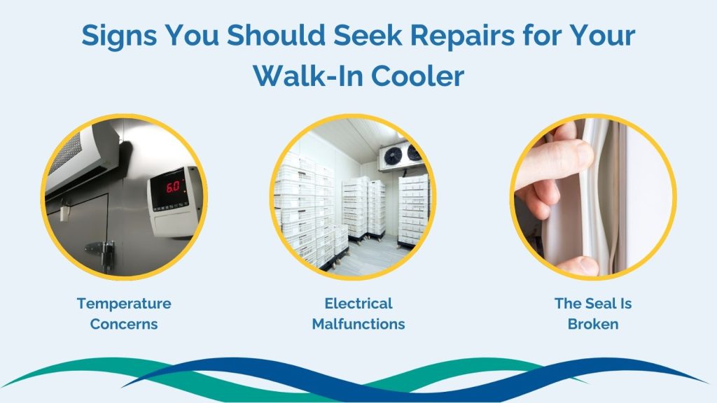 Signs you should seek repairs for your walk-in cooler: temperature concerns, electrical malfunctions, the seal is broken.