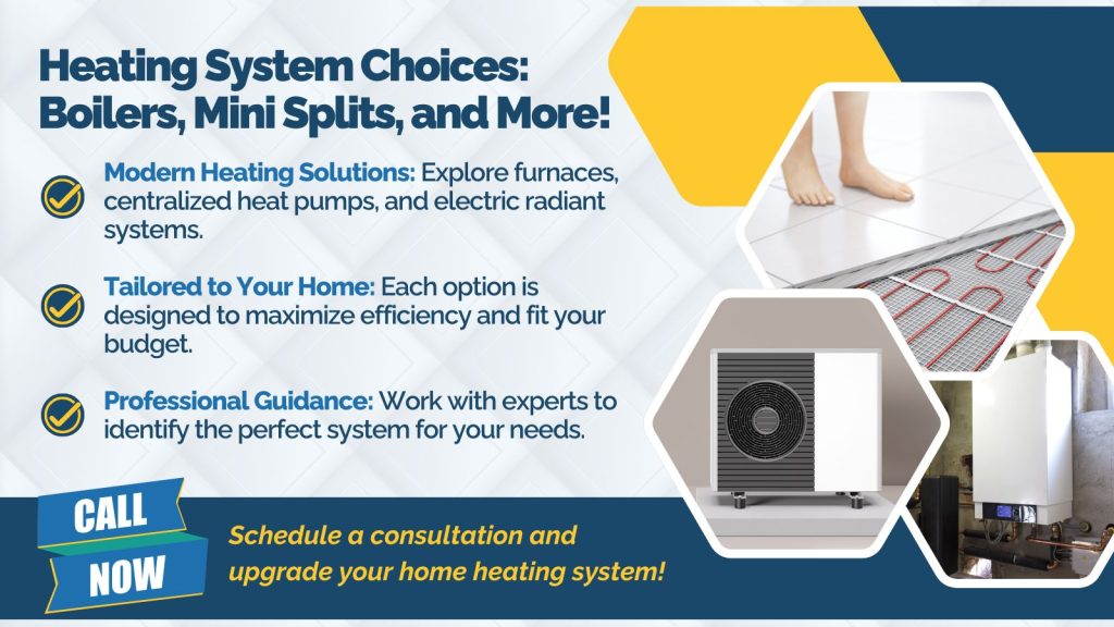 This is an image of a heat pump, a radiant heated floor, and a boiler. The headline reads; Heating System Choices: Boilers, Mini Splits, and More!